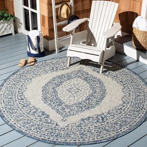 Ковер SAFAVIEH, 161 x 161 см, Washable Rug Outdoor Courtyard Collection - круглый, Light Grey & Blue, без линьки и легкий в уходе, идеален для патио, заднего двора, прихожей (CY8751-36812)