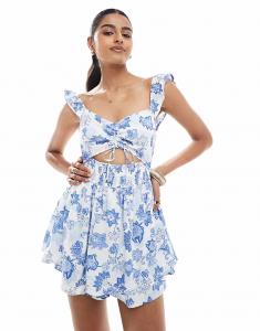 Комбинезон Hollister с вырезом и рукавами-крылышками в синем цветочном стиле