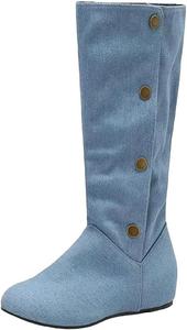 Женские повседневные ботинки средней высоты до икры с округлым носком, на танкетке, без застежки, с металлическими заклепками, большого размера Generic, Blue