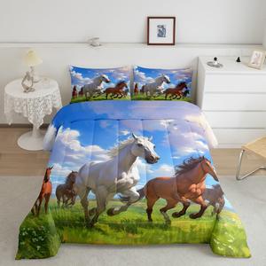 Erosebridal Horse Comforter Set Western Bedding Sets Queen,Wild Farm Animals Quilt Blue Sky Clouds Duvet Insert Farmhouse Decor, Blue White Green Brown