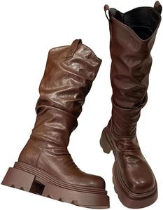 Женские зимние высокие сапоги до колена на платформе с каблуком, слипоны, длинные ботильоны, стильная теплая обувь Generic, Brown