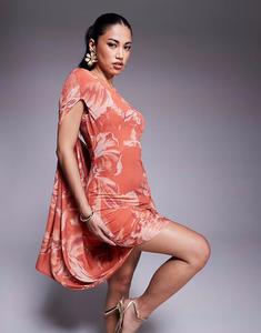 ASOS DESIGN сетчатое мини-платье с драпировкой на одно плечо с цветочным принтом