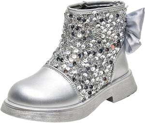Девочковые блестящие ботильоны на щиколотку осень-зима, нарядные ботинки из кожи с боковой молнией, низким массивным каблуком, короткие блестящие сапожки Generic, Silver