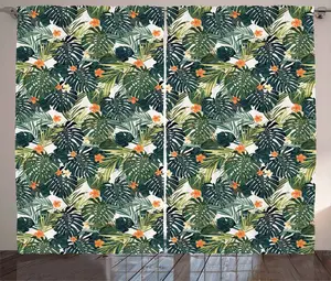 Штора ABAKUHAUS Green Rustic, гавайская тропическая флора, присборенная тесьма для спальни с петлями и крючками, 280 x 225 см, цвет: темно-сине-зеленый, оранжево-зеленый Abakuhaus