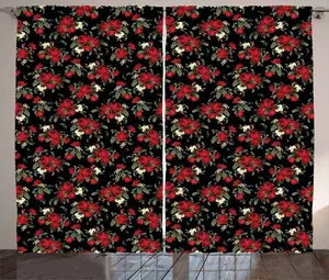 Штора ABAKUHAUS в деревенском стиле, красные цветы, розы, присборенная штора для спальни с петлями и крючками, 280 х 225 см, оливково-зеленый, черный, красный Abakuhaus