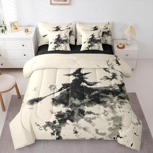 Erosebridal Комплект постельного белья Halloween Witch Decorations King в винтажном готическом стиле для праздничного декора, Beige White,black