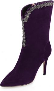 Женские винтажные сапоги Zszszsu с острым носком до середины голени, сексуальные с V-образным вырезом, на среднем каблуке-шпильке, ботильоны с цветочной отделкой, боковой молнией, подходят для платьев, осенние туфли на свидание, размер 4-16 US, Purple