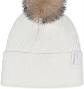 Женская зимняя шапка-бини Calvin Klein в диагональный рубчик с помпоном из искусственного меха, Cream