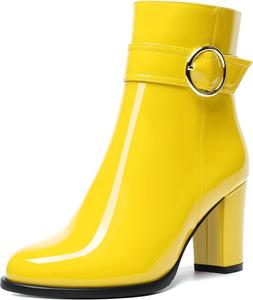 Женские повседневные ботильоны MODENCOCO с круглым носком, боковой молнией, модным дизайном, комфортные лакированные на высоком блочном каблуке 3,5 дюйма, Yellow