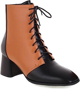 Женские западного стиля массивные ботильоны на среднем каблуке с шнуровкой, двухцветные, с квадратным носком, зимне-осенние короткие ботинки JOEUSTY, Tan-Black