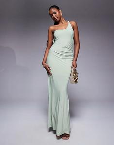 Длинное платье ASOS DESIGN на одно плечо со сборками зеленого цвета