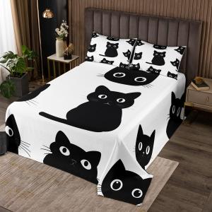 Erosebridal Комплект постельного белья Black Cat Coverlet Set с милыми котиками в готическом стиле для детей, мягкий стеганый белый и черный, Multi 05