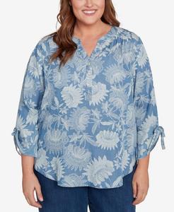 Классический однотонный топ-поло из лиоцелла с цветочным принтом для полных женщин Alfred Dunner, Blue