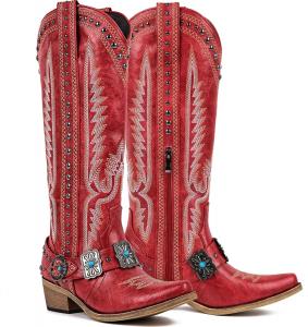 Женские ковбойские сапоги Yolkomo до колена, западные ковбойские сапоги с вышивкой и цепочками на пряжке ремня, Red