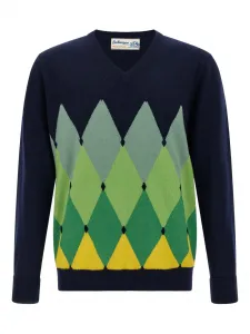 Кашемировый свитер с V-образным вырезом и узором «Аргайл» Ballantyne, синий