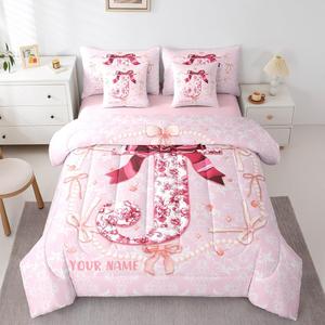Erosebridal Комплект постельного белья Cute Bow Bed in A Bag King Preppy Coquette Bows с цветочным принтом и монограммой, Pink J