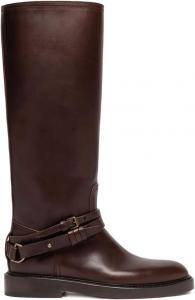 Женские кожаные сапоги до колена с круглым носком, с пряжкой и ремешками, верховые сапоги, на стойке, классические плоские длинные ботильоны для повседневной носки, офиса и шопинга NSZPD, Brown