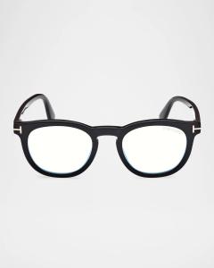 Мужская FT5993-BM круглая оптическая оправа с синими блоками и магнитным зажимом для солнцезащитных очков Tom Ford, цвет Shiny Black Eco Logoblue Block  Smoke Lenses