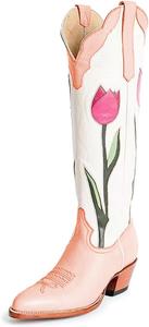 Женские сапоги Maiyang с заостренным носком и цветочным узором, до колена, на низком массивном каблуке, ковбойские, стильные и удобные, размер 4-16 US, Salmon