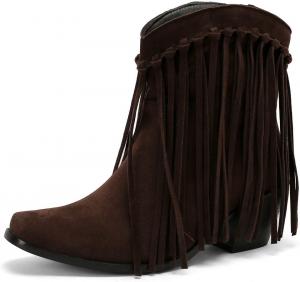 Короткие замшевые ковбойские сапоги DINTAHA с бахромой, массивным каблуком и вестерн-стиле, Dark Brown