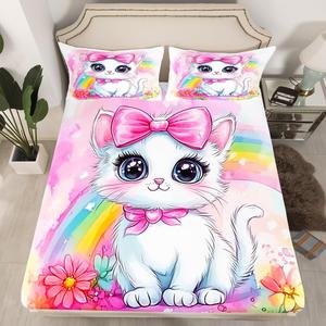 Erosebridal Розовый комплект постельного белья с котиками и бантиками, милый мультяшный принт, пастельные цветы и радуга, Pink White Yellow
