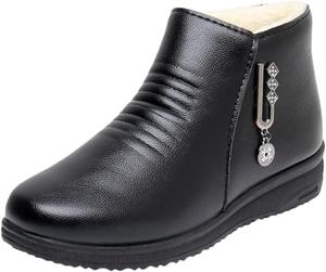 Женские теплые хлопковые туфли - плоские ботильоны с круглым носком и высоким голенищем - с искусственной пушистой подкладкой - украшены металлической пряжкой - удобные и мягкие - подходят для осени и зимы HoaloX, Black