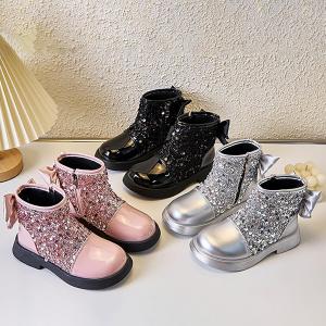 Девочкам блестящие ботильоны с милым бантом, боковой молнией, элегантной подошвой из резины, противоскользящие, водонепроницаемые, теплые зимние обувь Generic, Silver