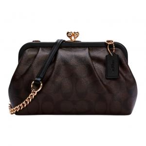 COACH Сумка-облако с кожаной отделкой и замком-защелкой на цепочке через плечо женская в темно-коричневом цвете с монограммой