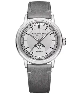 Мужские швейцарские автоматические часы Millesime Moon Phase с серым кожаным ремешком, 40 мм Raymond Weil