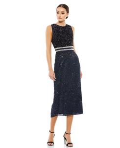 Женское платье-футляр миди без рукавов с высоким воротником и бисером Mac Duggal, Navy