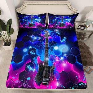 Erosebridal Комплект постельного белья Honeycomb Geometric Neon с музыкальными нотами и гитарой, сине-фиолетово-черный, Multi 04