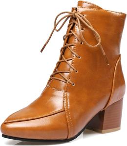 Женские ботильоны MIOKE в западном стиле с острым носком, на шнуровке и молнии, с массивным средним каблуком, элегантные короткие ботинки Chelsea, Brown-Velvet Lined