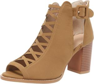 Женские ботильоны с открытым носком на массивном каблуке, сзади молния, вырезы, нарядные сандалии с регулируемым ремешком на щиколотке и пряжкой NIGXWNS, Brown