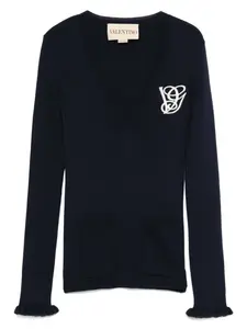 Шерстяной свитер с V-образным вырезом и оборками VALENTINO GARAVANI, синий