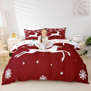 Erosebridal Комплект постельного белья с новогодней тематикой в красно-белой гамме с оленями и снежинками, White,red