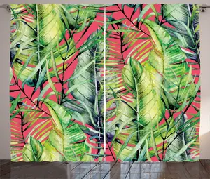 Штора ABAKUHAUS Exotic Rustic, тропический узор с листьями, универсальная ленточная штора для гостиной с петлями и крючками, 280 x 225 см, кораллово-зеленый, светло-зеленый Abakuhaus