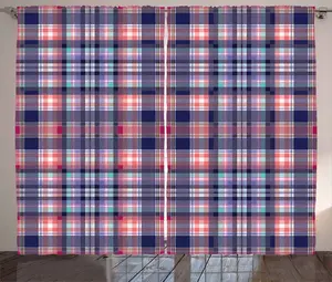 Клетчатая штора в деревенском стиле ABAKUHAUS, розовые и синие тона, универсальные ленточные шторы для гостиной с петлями и крючками, 280 x 175 см, цвет темно-синий/розовый Abakuhaus