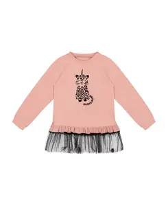 Длинный двухслойный топ для девочек из разных материалов с сетчатой оборкой по низу и леопардовым принтом - для маленькой девочки. Deux Par Deux, розовый