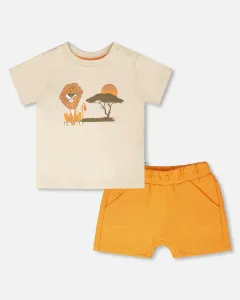 Комплект из футболки и шорт из органического хлопка, бежевый и оранжевый Deux Par Deux