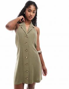 Мисс Селфридж льняная смесь мини-платье с воротником-халтер цвета хаки Miss Selfridge