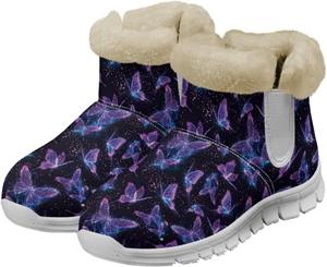 Новинка! Ботильоны на шнуровке для женщин, эластичная зимняя обувь, нескользящая подошва, пушистые ботинки, теплые фланелевые снежные сапоги Glomenade, Purple Galaxy Butterfly