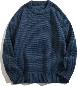 Мужской вязаный свитер с круглым вырезом, текстурированный, однотонный, с длинными рукавами, свободного кроя, легкий и мягкий