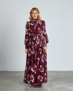 Длинное платье с принтом, оборками и длинными полупрозрачными рукавами с высоким воротником Alma en Pena, бордовый