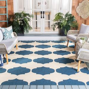 Ковер SAFAVIEH, 161 x 161 см, Washable Rug Outdoor Courtyard Collection - квадратный, Beige & Navy, без линьки и легкий в уходе, идеален для патио, заднего двора, прихожей (CY6162-258)