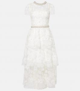 Свадебное платье миди из тюля с бисером Self-Portrait, белый