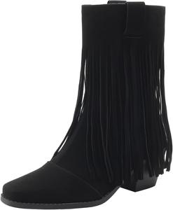 Женские короткие ботинки до щиколотки с квадратным носком на шнуровке с кисточкой XIEPP, Black