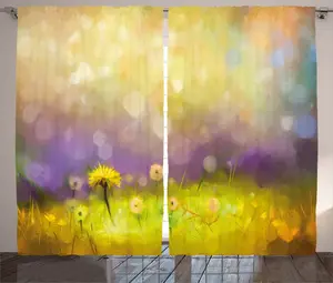 Штора ABAKUHAUS с цветочным рисунком в деревенском стиле, Желтое поле одуванчиков, универсальная ленточная штора для гостиной с петлями и крючками, 280 x 245 см, цвет: фиолетово-зеленый Abakuhaus