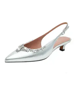 Женские туфли-лодочки на каблуке-рюмочке с открытой пяткой, украшенные кристаллами и драгоценными камнями Linea Paolo, серебро