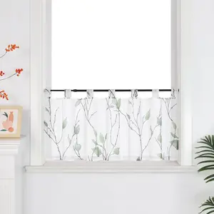 Штора Cafe с петлями, бистро-штора с узором веток и листьев, вуаль, короткие шторы в деревенском стиле для кухни, 1 шт., зеленая, высота 60 см, ширина 90 см Joyswahl
