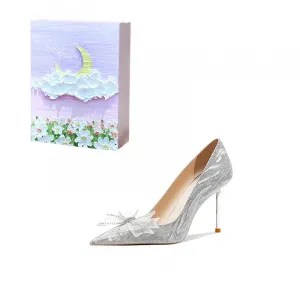 ROBINHOOD Эксклюзивные замковые 3D коробки на тонком каблуке женские туфли на шпильке серебристые с фиолетовым лунным галактическим принтом, цвет Silver Purple Moon Galaxy Box